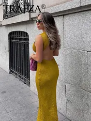 TRAFZA 2024 Elegant Women Chic Ruched Texture Sexy Backless Sleeveless Long Dress Woman Slim Beach Party Dresses Mujer TRAF