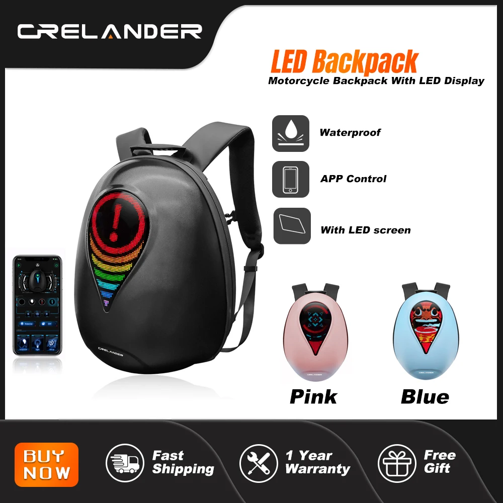 

CRELANDER LED Knight Backpack Waterproof Hard Shell Riding Backpack Bluetooth APP Control Half- face Helmet Motorcycle Backpack