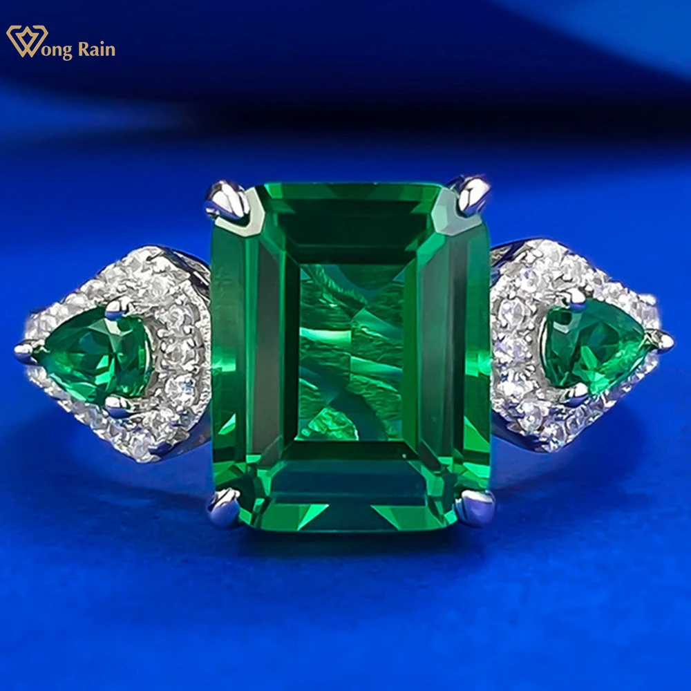 Wong Rain 100% 925 Sterling Silver Emerald Cut 8*10 MM Emerald High Carbon Diamond Gemstone Women Rings Jewelry Engagement Gifts