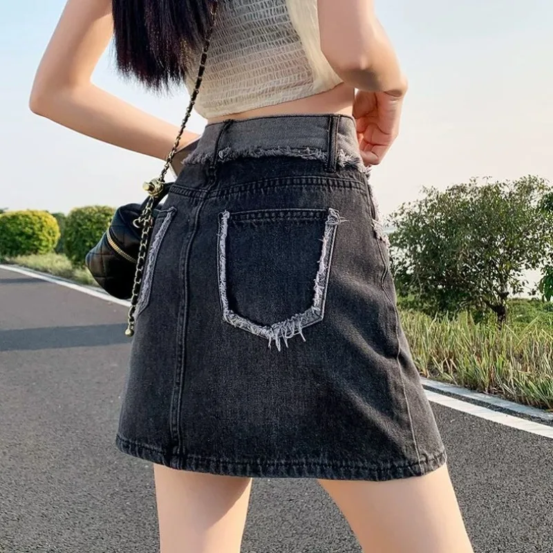 Summer Black and Gray High Waist Denim Skirt Women Design Sense Niche Slim Half-length A-line Skirt