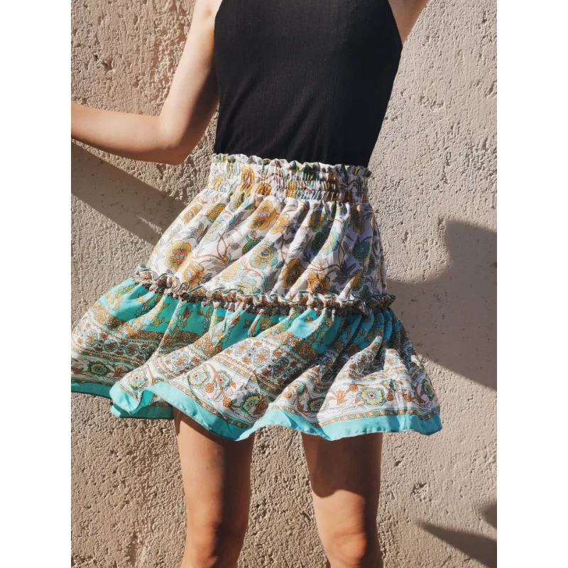 

2024 Summer New Bohemian Women's Casual Printed Ruffled A-line Skirt Female Travel Fashion Pleating Literary Retro Mini Dresses