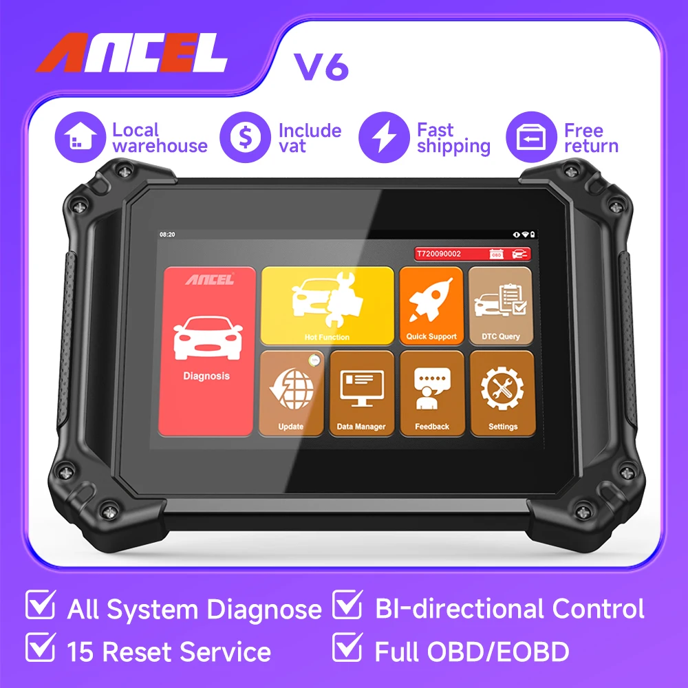

Автомобильные диагностические инструменты ANCEL V6, 8-дюймовый всесистемный автомобильный сканер OBD2 с 15+ сбросом, двунаправленный контрольный сканер