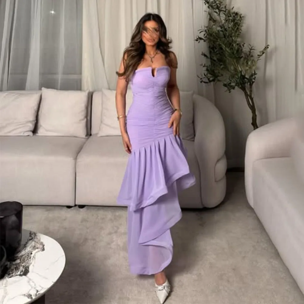 Di alta Qualità Personalizzato Alla Caviglia Senza Maniche Senza Spalline Viola Piega Con Scollo A V A File Abiti Elegantes Para Mujer Para Una Boda