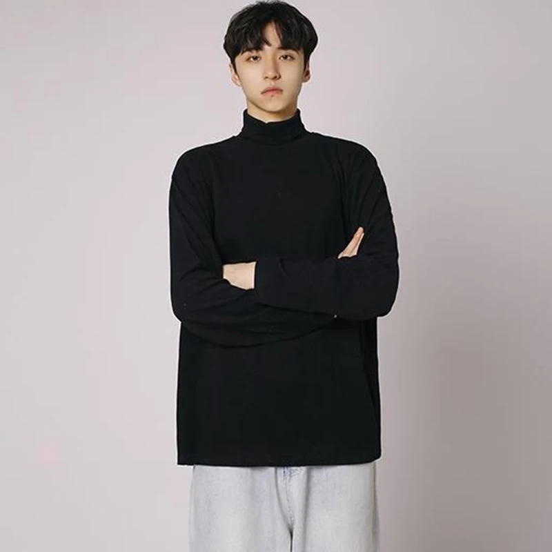 

Autumn Winter Solid Color Long Sleeve Men Half Turtleneck Sweatshirts Student Teenager Fashion All-match Oversized T Shirt Black