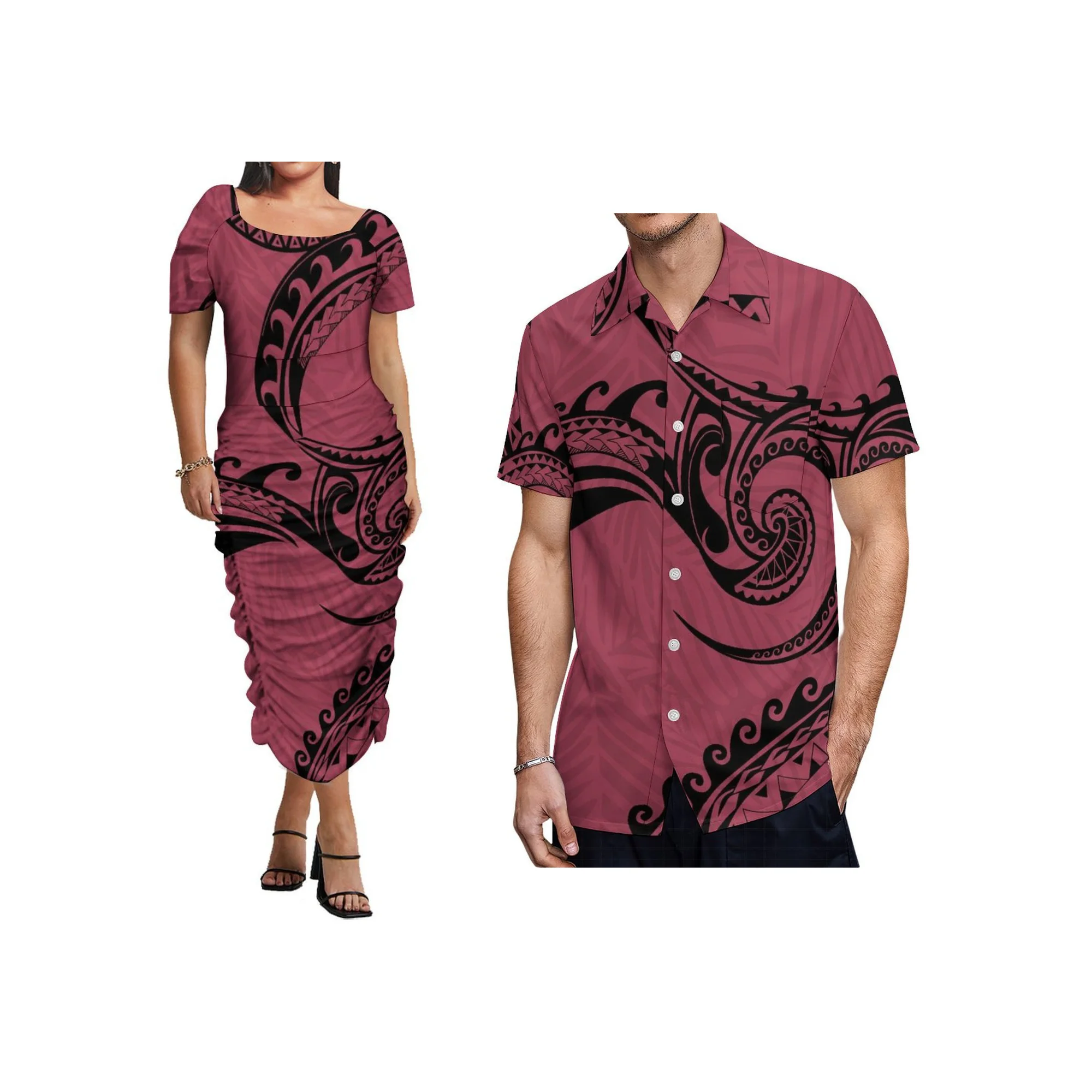 Vestido Midi con Estampado de Tapa Polinesia de Melanesia, Cuello Redondo, Manga Corta, Plisado, Ajustado, para Madrina de Boda