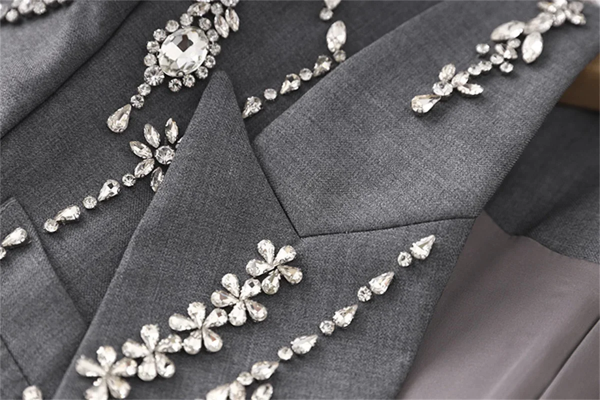 Crystals Women Suits 1 Piece Blazer Grey Jacket Formal Office Lady Business Work Wear Long Prom Dress Coat Fall Outfit