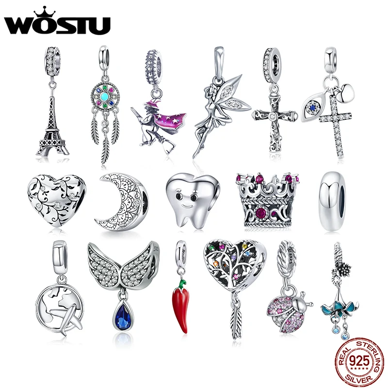 WOSTU Silver 925 Charm Unicorn Ladybug Animal Cat Beads Zircon Enamel Heart Pendant Fit Original Bracelet For Women DIY Jewelry