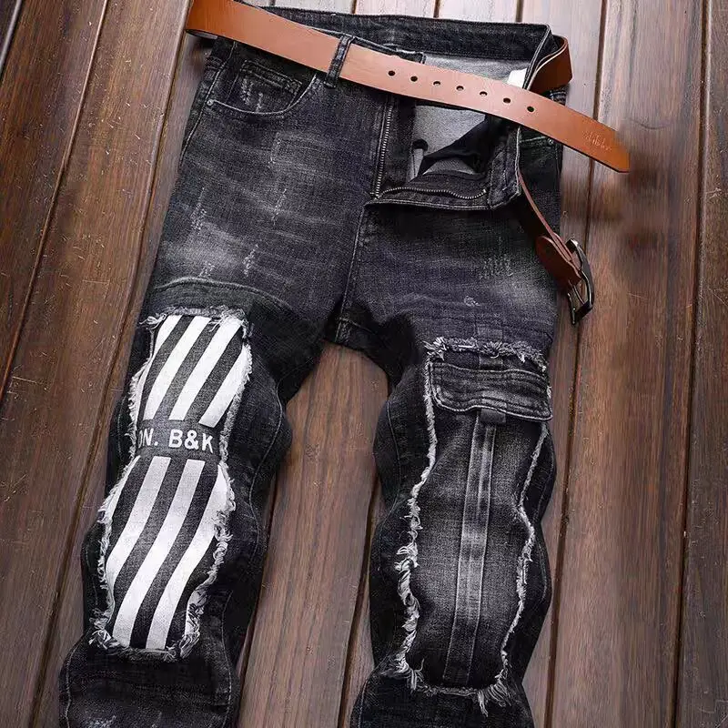 

Fashion Denim Spliced Jeans for Men Spring Autumn Casual Slim Fit Pants with Retro Patches Black Trendy and Versatile Trousers