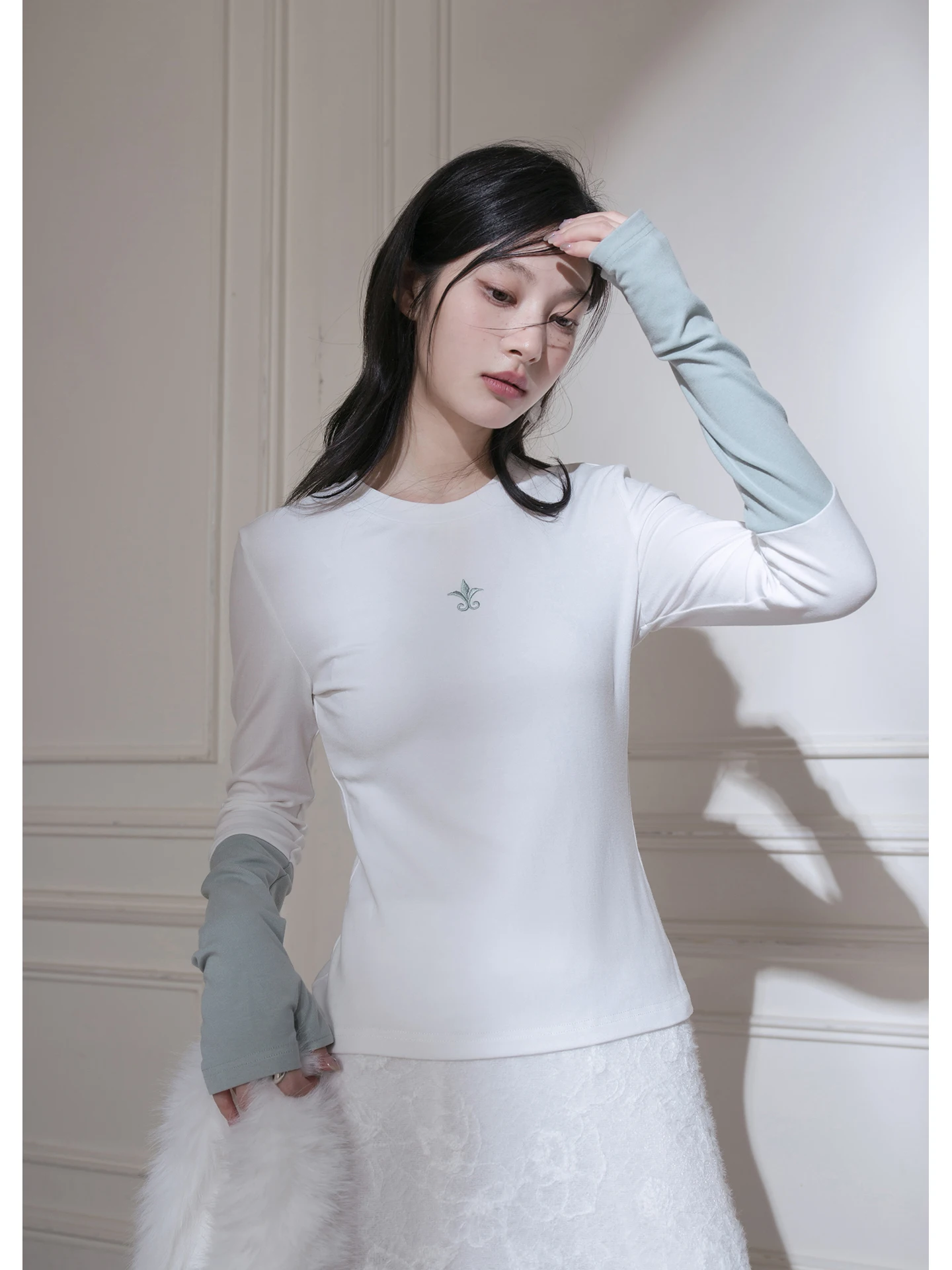

COTRE Special Base irt Patchwork Color Blo Knitted Top Simple Straight Cut Long Sve round Ne Thin Cotton Women T-irt