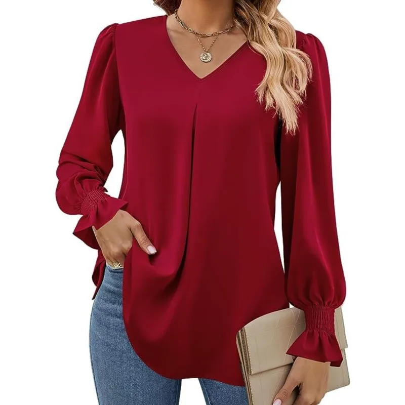 Blusas Women New Solid Color Chiffon Shirt V-neck Pullover Flared Long Sleeved Top Shirt Office Lady Elegant Khaki Loose Blouses