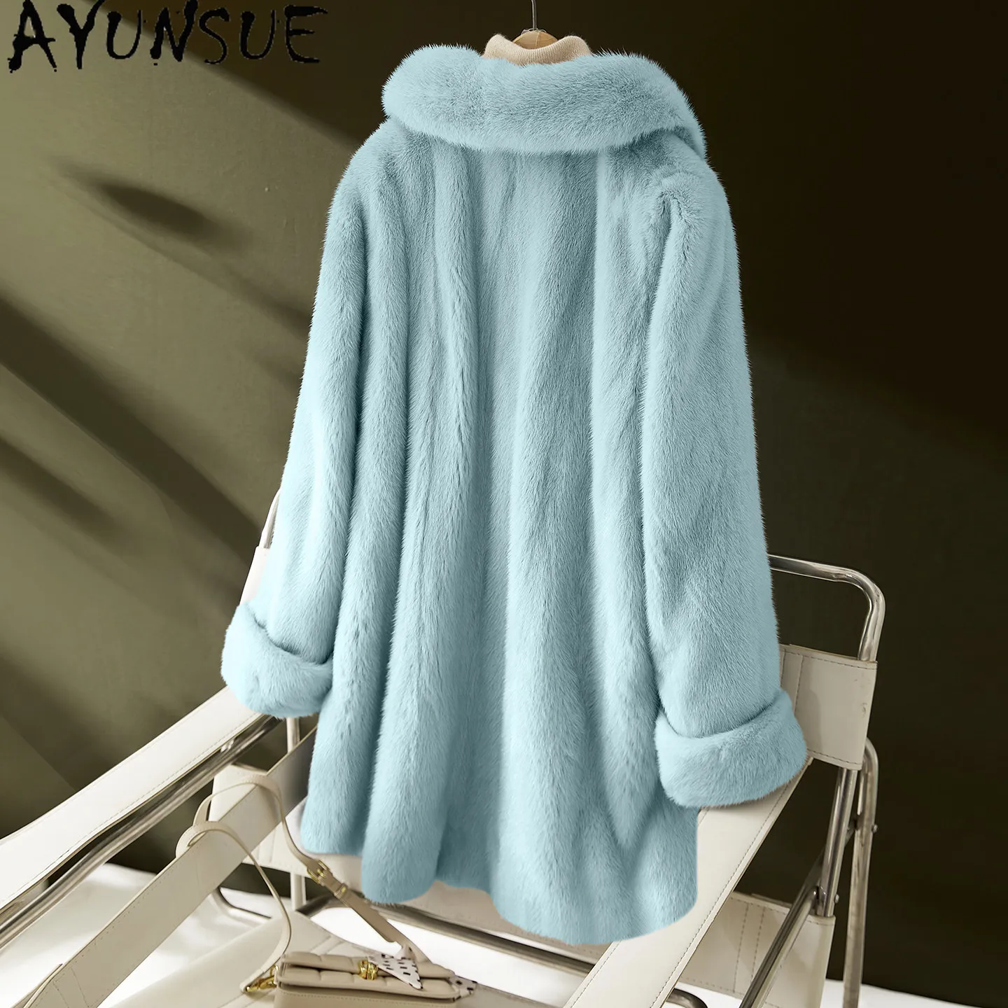AYUSNUE Natural Female Mink Fur Coat Women Luxury Winter Clothes Mid-long Whole Mink Woman Coats Warm Fashion New Шуба Женская