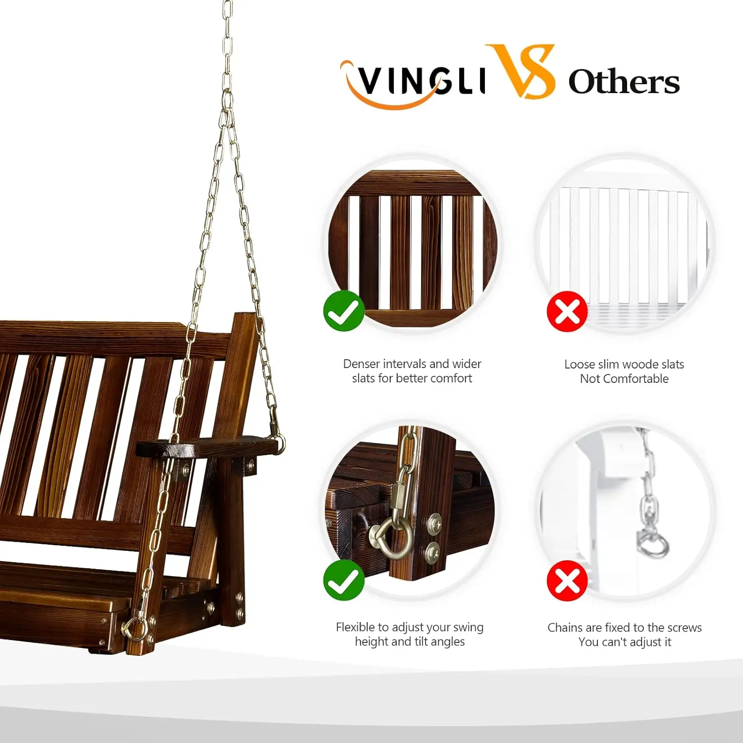 Outdoor Garden Yard Balcony Tree Swing - Solid Fir Wood, 880 LBS Heavy Duty, Rustic