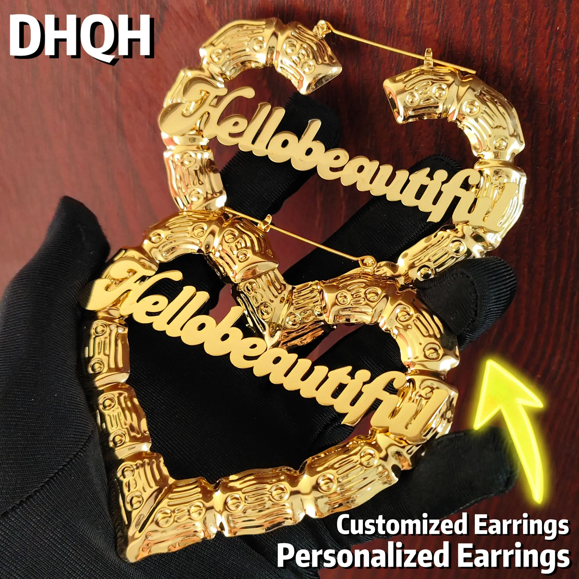 

DHQH Wholesale 90mm Customized Name Love Bamboo Knot Earrings 90mm Customized Letter Love Nameplate Earrings Women's Cute Gift