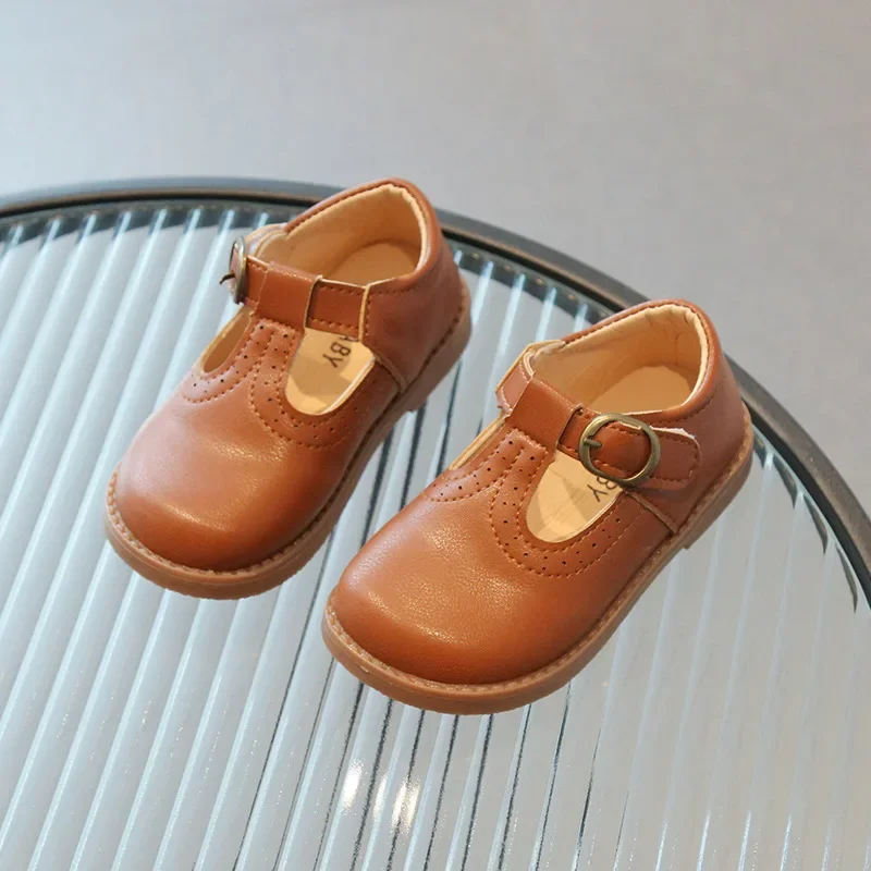 Children's Leather Shoes Spring Fashion T-strap Hollow-out Kids School Mary Janes Causal Soft Soled Boys Girls Flat Single Shoes