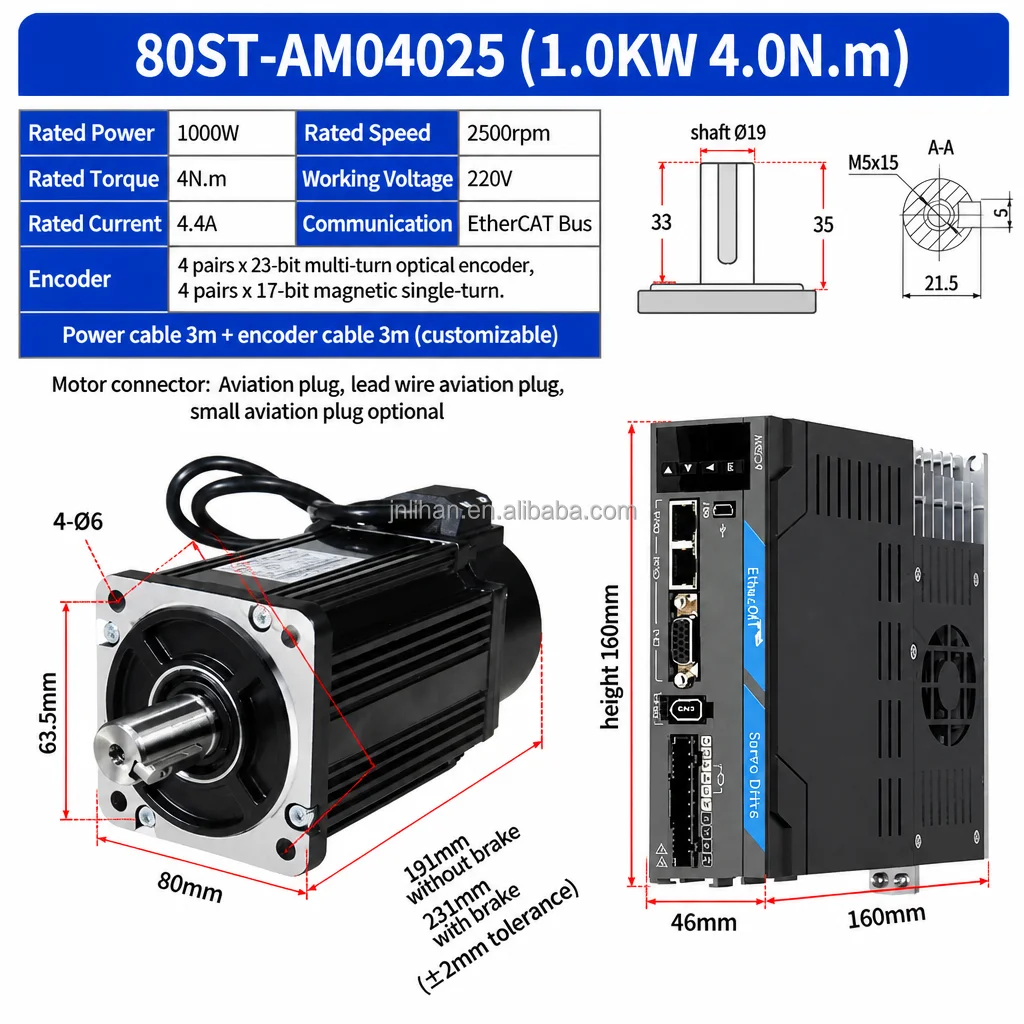 750w 1000W AC Servo Motor 4N.m 2500rpm EtherCAT Servo Drive Kit 80ST-AM04025 220V 23Bit Encoder For CNC Router