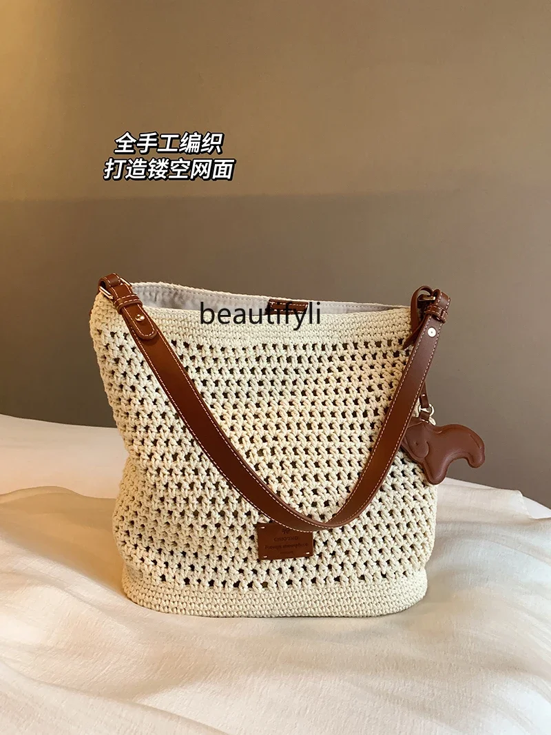 Bucket bag women's summer lazy wind beach woven bag shoulder messenger bag