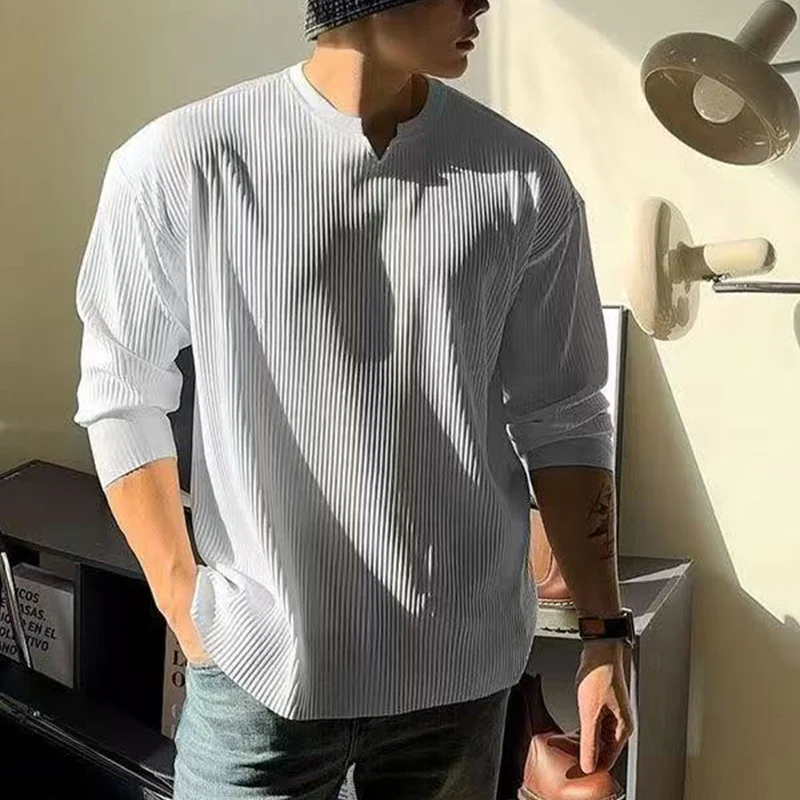 Men Spring Autumn V-Neck Pleated Draped Thread T-shirt Casual Fitness Loose Long Sleeved Muscle Male Pullover Clothes