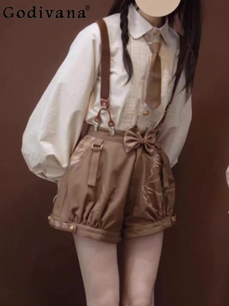 

Spring Autumn Fashion Versatile Age Reduction Turn-down Collar Loose Long Sleeve Shirt Girls Lolita Cute Bow College Shirts