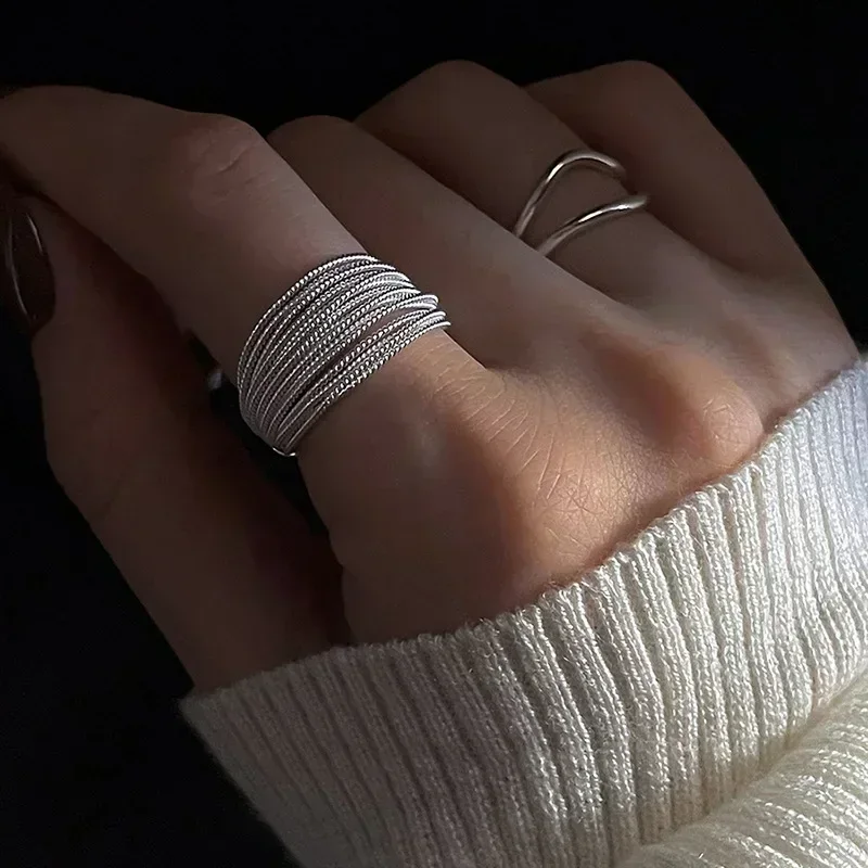 Bague vintage réglable en argent regardé 925 pour femme, lignes uniques, bijoux de doigt, cadeau de fête d'anniversaire, mode