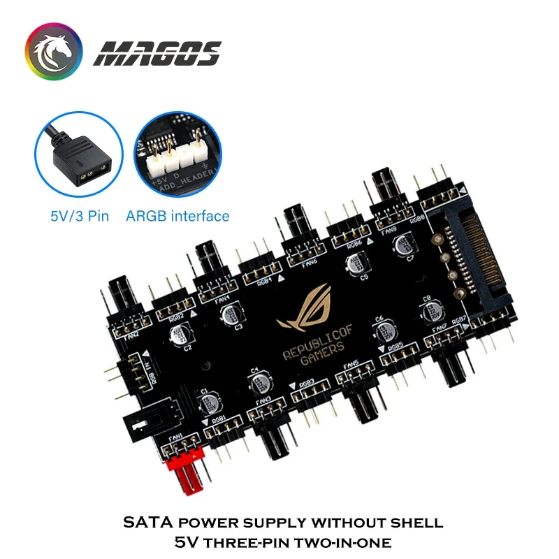 PWM FAN RGB Hub, 8X RGB Headers + 8X PWM 4Pin Connector, SATA Power Supply, M/B SYNC