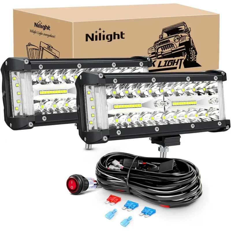 Side Shooter LED Light Bar 2PCS 7Inch Triple Row Spot Flood Combo Lights Led Work Light with Wiring Harness Kit Off Road Fo