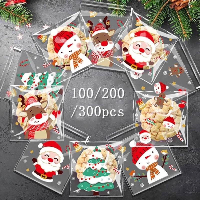 

100/200/300Pcs Christmas Opp Cookie Candy Bag Santa Claus Pattern Self-Sealing Gift Packaging Bag for Xmas New Year Party Decor