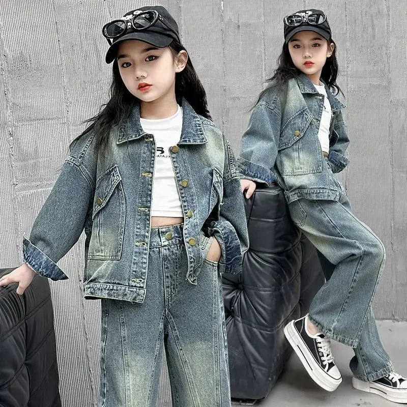 

Girl Denim Jacket & Pants 2-Piece Set Straight-leg Casual Two-piece Autumn Winter Wear Clothes for Girls From 7 To 8 Years Suit