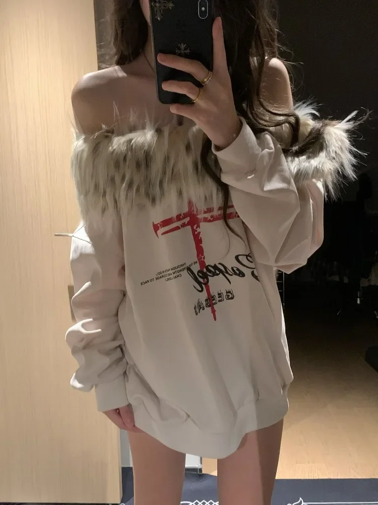 Vintage Y2k Fur Collar T Shirt Women 2000s Aesthetics Off Shoulder Tops Japanese Harajuku Letter Print Long Sleeve T-shirt New