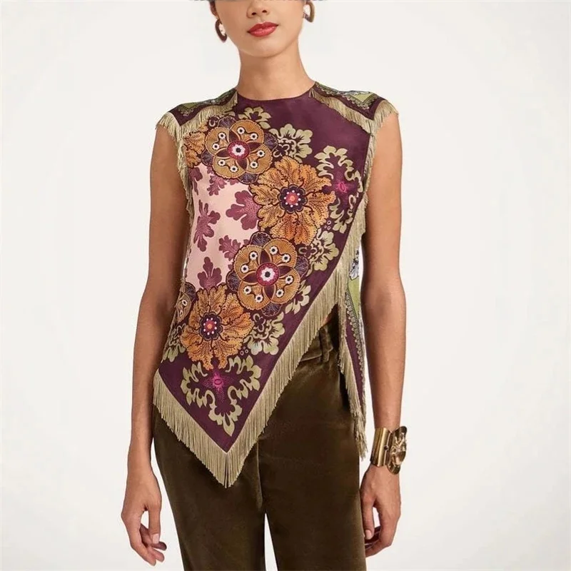 

Fashion Floral Print Top With Fringe Trim For Women Vintage O Neck Sleeveless Asymmetric Hem Satin Blouse Lady 2026 Chic Tops