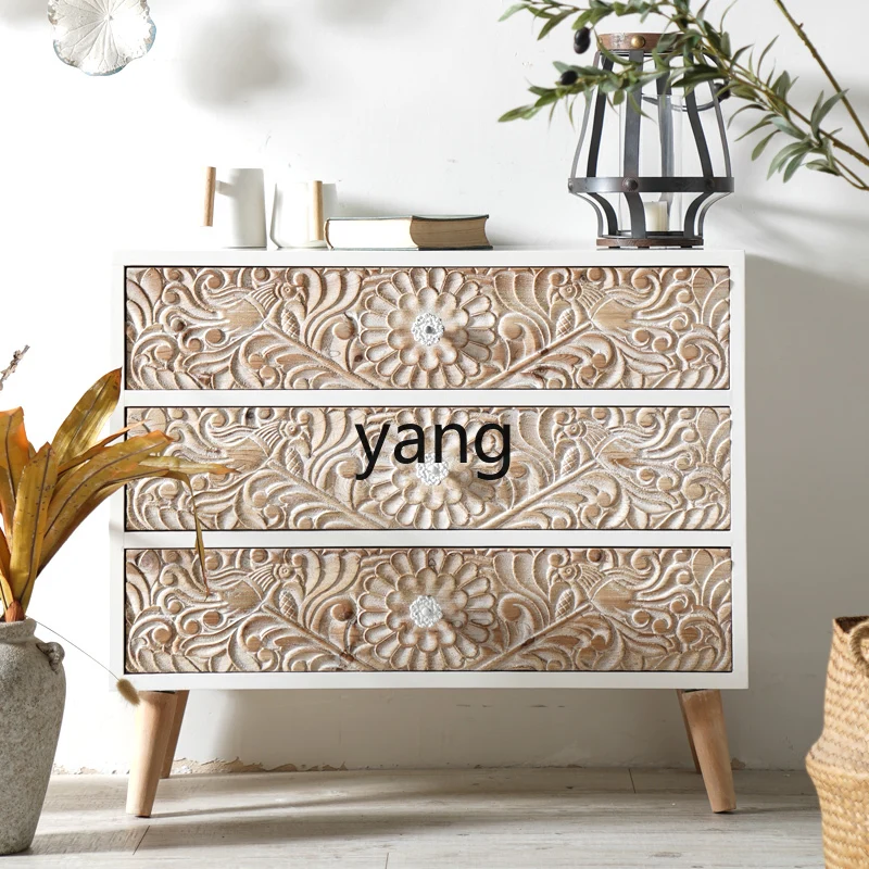 CX Solid Wood Chest of Drawers Vintage Engraving Entrance Decoration Method Living Room Bedroom Side Cabinet B & B Storage