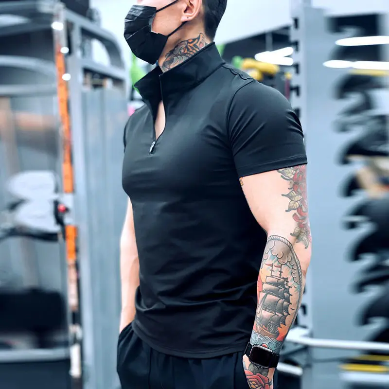 Summer sports T-shirt men's training tights quick-drying elastic fitness stand-up collar short-sleeved solid color POLO shirt