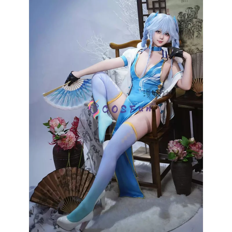 

Girls Frontline Florence/PA-15 Cosplay Costume Blue Cheongsam Coat Halloween Party Dress Suit Full Set COSFun