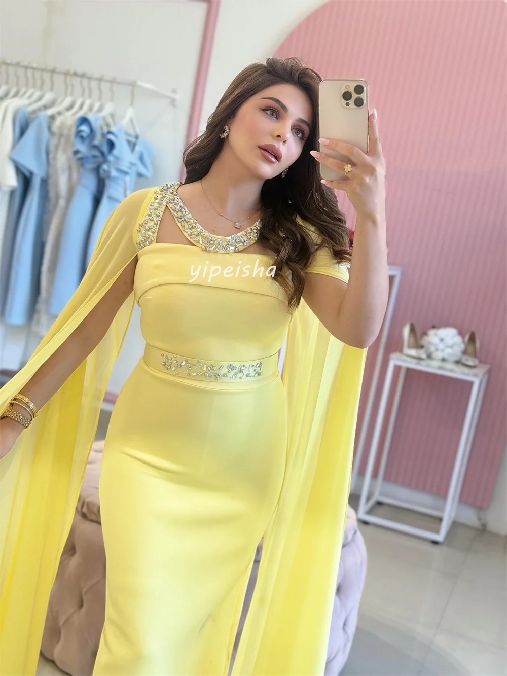 Customized Sparkle Jersey Beading Rhinestone Straight Scoop Neck Midi Dresses Bespoke Occasion Dresses Sizes Available Fashion