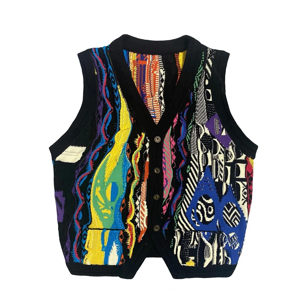 

Vintage Bitter Melon Pattern Contrasting Jacquard V-neck Retro Style Vest Sleeveless Sweater