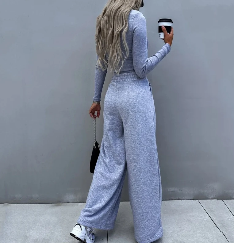 Casual Women 2 Piece Set Autumn Casual Sport Solid Round Neck Long Sleeve Crop Top High Waist Wide Legs Pants Set Tracksuit