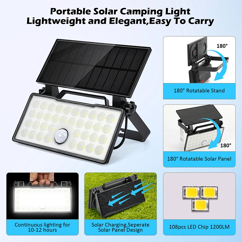 Imagem -04 - Holofote Solar Portátil com Sensor de Movimento Luz Exterior Segurança Trabalho Parede Luz Modos Quintal Jardim Galpão Camping