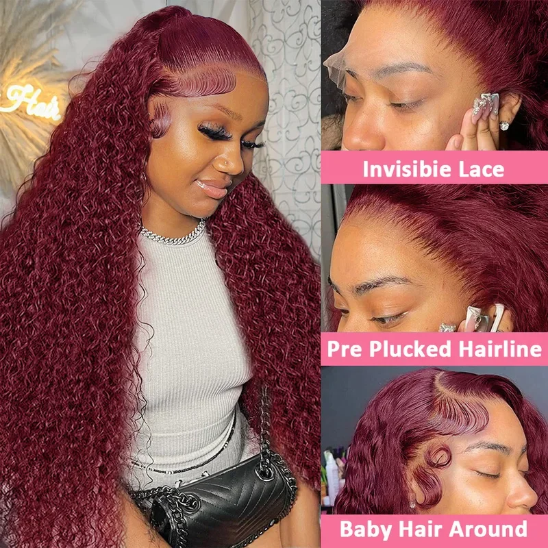 13x4 HD Transparent Lace Frontal Human Hair Wigs water curly 99J Burgundy 30 Inch Deep Wave Red Colored 13x6 Lace Front Wig