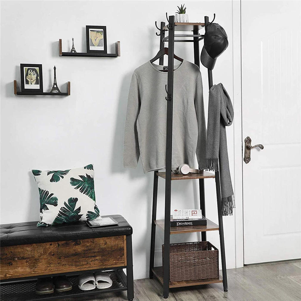 180CM Solid Iron Construction Coat Rack Holder Entryway Clothes Stand 4 Shelves Hall Trees 8 Hooks