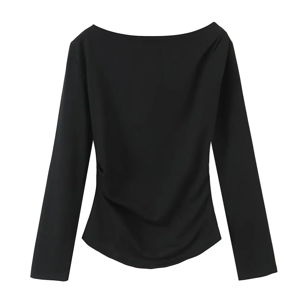 Women's Tri Color Side Folded Decorative T-shirt Round Neck Long Sleeve Spring/Summer New Casual Women's Clothing