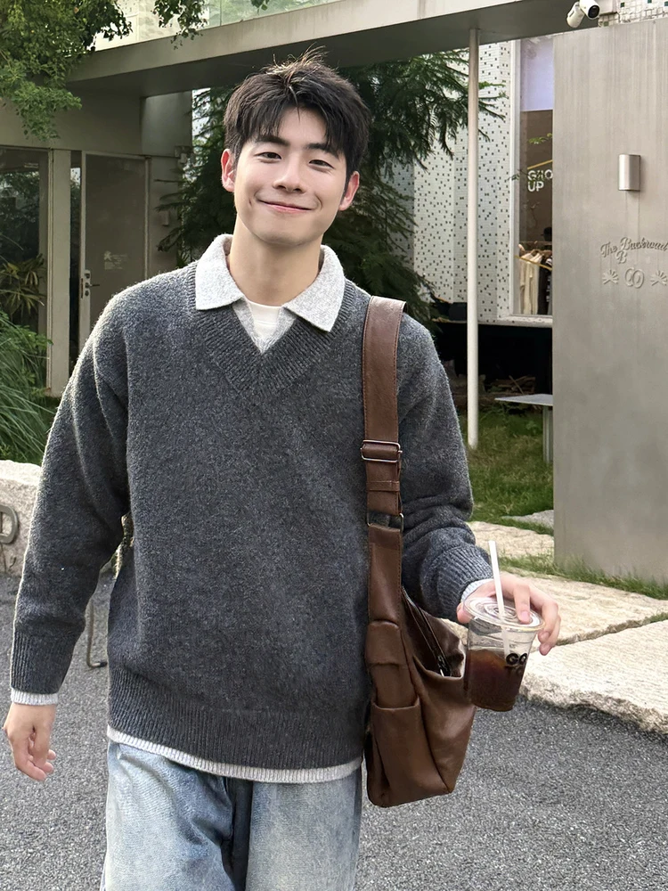 

Мужской трикотажный джемпер-обманка с воротником, повседневный, свободного кроя, с длинным рукавом, молодежный, для ежедневной носки