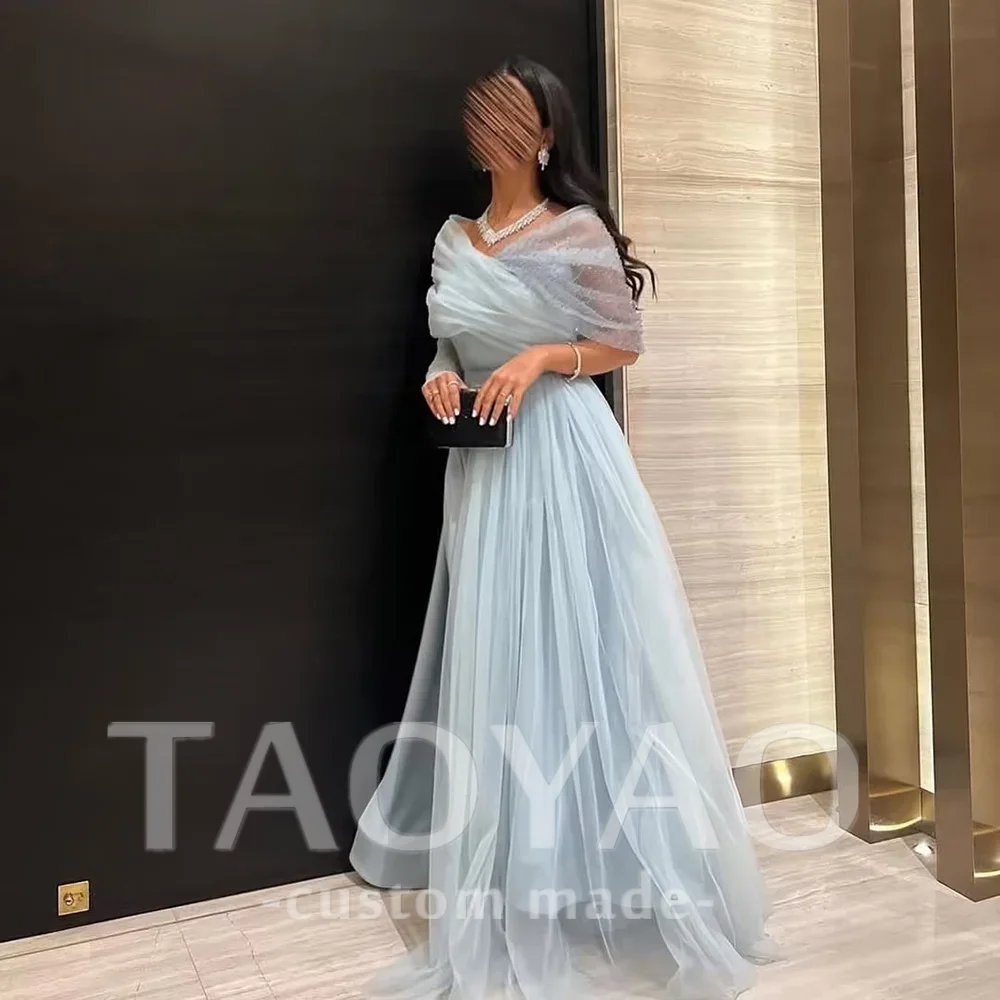 Sky Blue V-Neck Prom Gown One Shoulder A Line Tulle Evening Dress Formal 2025 Elegant Arabic Prom Dress For Women Customized