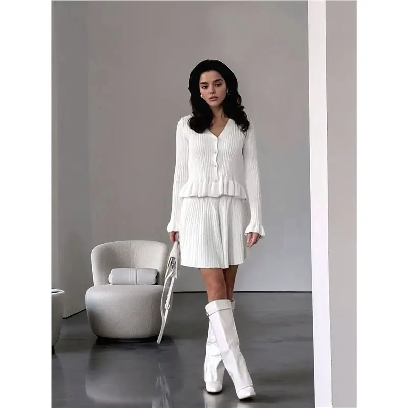 CYL-Women's Two-Piece Knit Set Long Sleeve V-Neck Sweater With Ruffle Hem Mini Skirt Loungewear