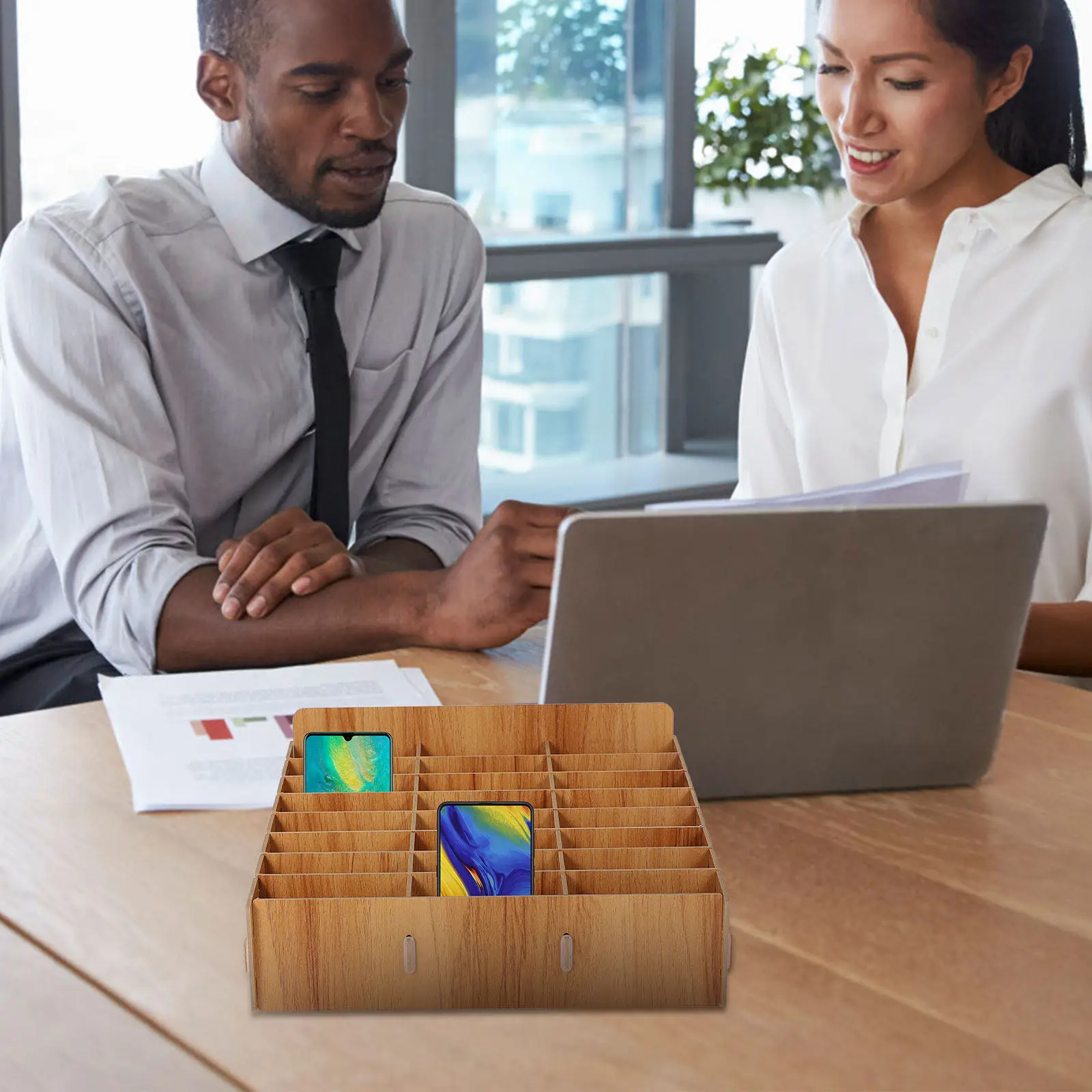 1Pcs Handcrafted Wooden Multi-Grid Phone Storage Box 24-Compartment Elegant Temporary Phone Holder for Meetings Classrooms