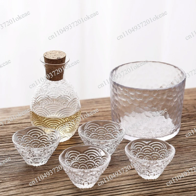 Style Wine Glass Set, Sake Pot with Three Glasses, Hammer Frosted Design, Gift Pot Set, Elegant