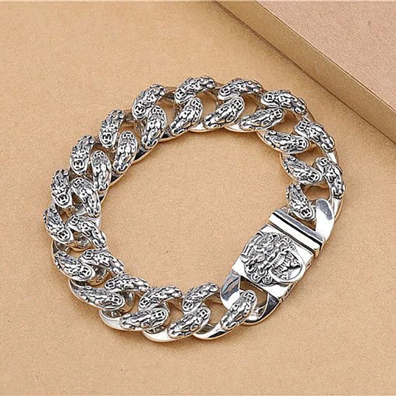 

S925 silver retro Kylin bracelet jewelry 18/20/22cm plus coarse chain train buckle MEN'S party birthday domineering gift