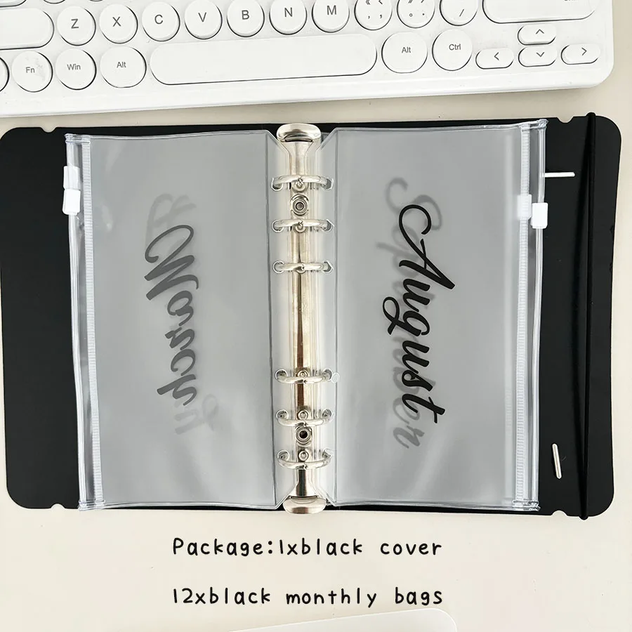 A6 Loose Leaf Monthly Zipper Bag Cash Budget Envelope Binder Ticket Receipt Storage Bag Wealth Management Gift Set 1 cover + 12