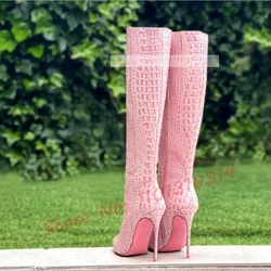 Pink Crocodile Slim Tall Boots Women Nifty Pointy Toe Stiletto High Heels Winter Shoes Newest Casual Street Style Side-zip Shoes