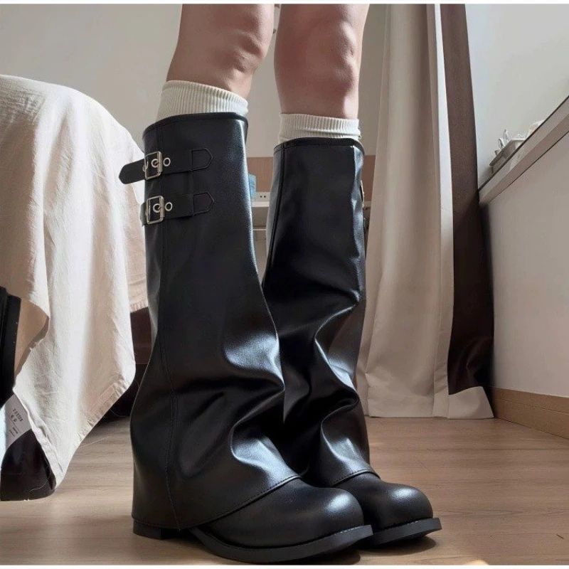 Vintage Knee High Boots Round Toe Platform Heel Rider Boots Retro Tall Riding Shoes Female Winter Warm Casual Street Style