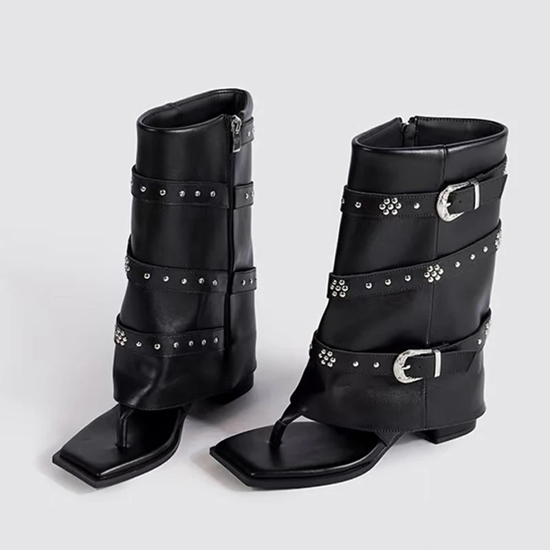 

Liyke Ins Стильные модные женские ботильоны с металлической пряжкой и заклепками, вечерние туфли на низком толстом каблуке, летние ботильоны с квадратным носком