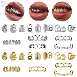 ZS-Hip Hop Prata Banhado A Ouro Grillz Dentes, CZ Brilhante Cruz De Cristal Gap, Forma De Estrela Rosa, Tampa Do Dente Superior E Inferior, 1 Pc por Conjunto